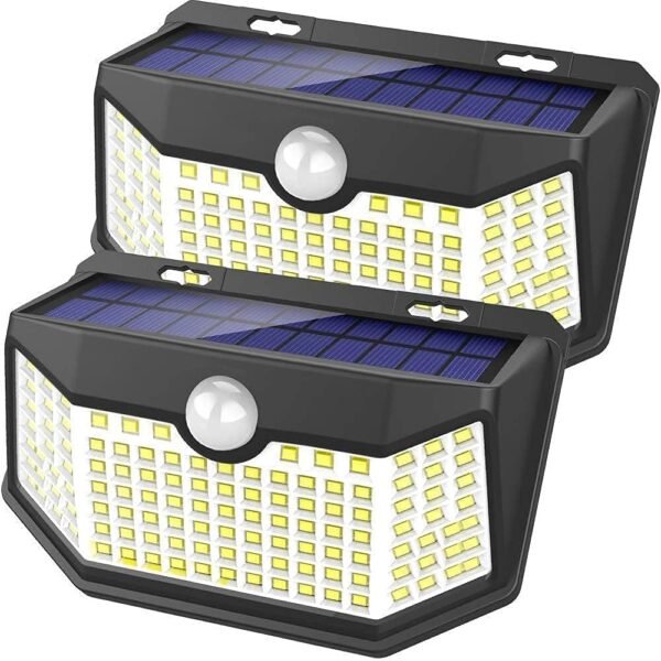120 LED Outdoor Solar Lights with Motion Sensor and 3 Lighting Modes, IP65 Waterproof Wide Solar Wall Lights Ideal for Garden Patio Yard (Front Button 6Packs, Daylight White)