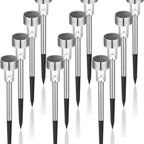Solar Lights Outdoor Waterproof, 12 Pack, Stainless Steel LED Solar Garden Lights for Patio, Lawn, Yard and Landscape, Cold White