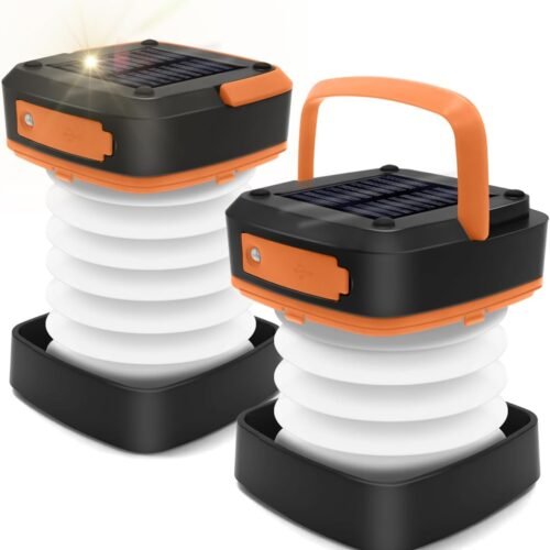 2-Pack Folding Solar Camping Lantern Flashlights, Mini Collapsible USB Rechargeable Waterproof Hanging Light Power Bank for Camping Hurricanes Emergency Power Outages Indoor Outdoor