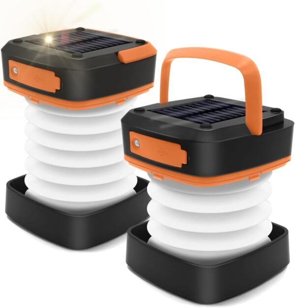 2-Pack Folding Solar Camping Lantern Flashlights, Mini Collapsible USB Rechargeable Waterproof Hanging Light Power Bank for Camping Hurricanes Emergency Power Outages Indoor Outdoor