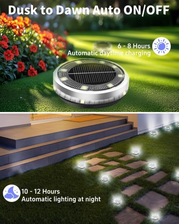 Solar Ground Lights Outdoor 12 Pack Waterproof Upgraded Flat Solar Garden Lights with 4 Side Light Stainless Steel Solar Powered Disc Light for Walkway Pathway Landscape Lawn Yard - Cool White