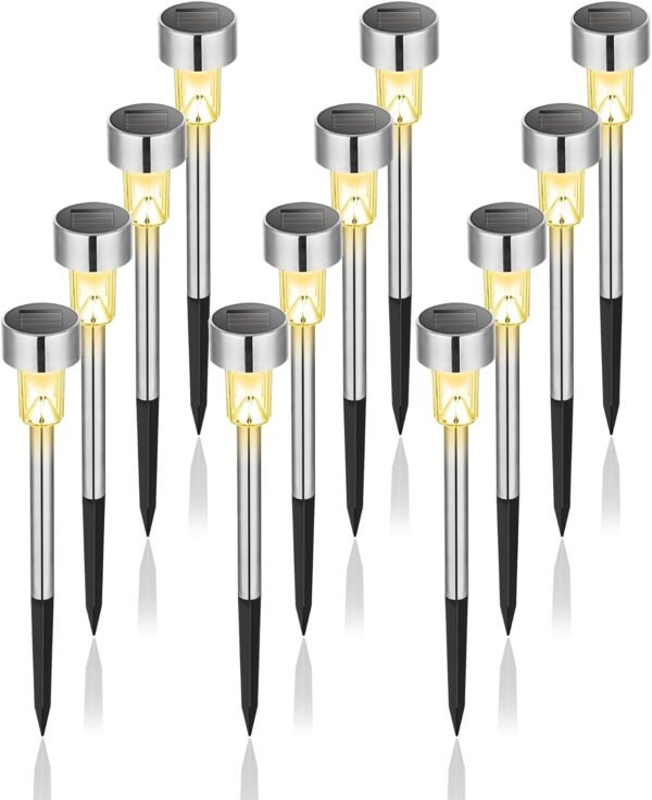 Solar Lights Outdoor Waterproof, 12 Pack, Stainless Steel LED Solar Garden Lights for Patio, Lawn, Yard and Landscape, Cold White