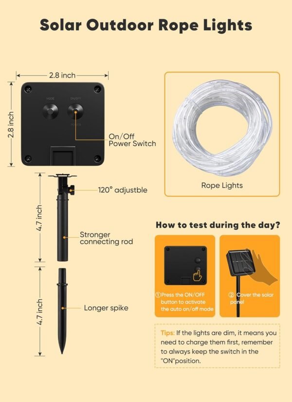 Solar Rope Lights, 39FT 100LED Outdoor Solar String Lights, IP65 Waterproof Solar Powered Fairy Lights with 8 Lighting Modes for Party Garden Yard Home Holiday Tree Decoration, Warm White