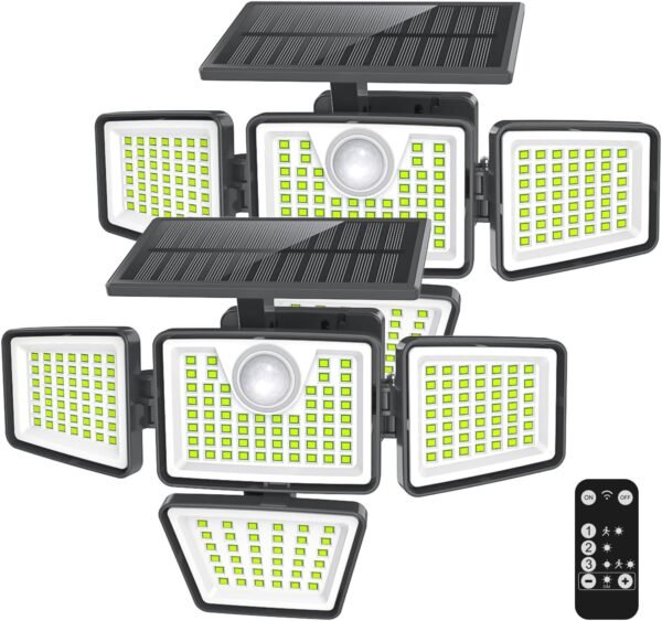 2500LM Solar Lights Outdoor with Motion Sensor,3 Head 270° Wide Angle Street Area Lights, IP65 Waterproof Security Lighting with 3 Modes(Non-Remote,2 Pcs)