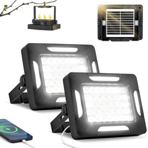 LED Solar Portable Camping Lights with Stand dimmable, 2000LM, Solar Rechargeable Work Lights with Magnetic，IP67 Waterproof, 5 Light Modes Portable Flood Light, Camping Lantern for Indoor Outdoor