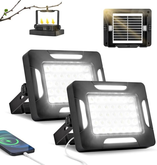 LED Solar Portable Camping Lights with Stand dimmable, 2000LM, Solar Rechargeable Work Lights with Magnetic，IP67 Waterproof, 5 Light Modes Portable Flood Light, Camping Lantern for Indoor Outdoor