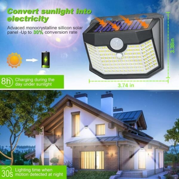 120 LED Outdoor Solar Lights with Motion Sensor and 3 Lighting Modes, IP65 Waterproof Wide Solar Wall Lights Ideal for Garden Patio Yard (Front Button 6Packs, Daylight White)