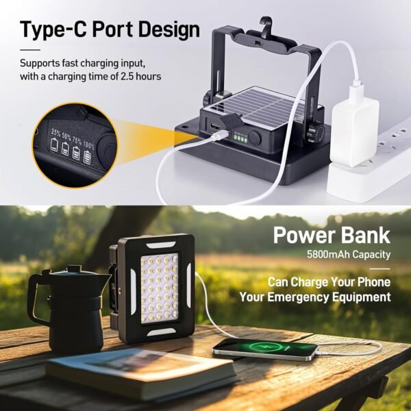 LED Solar Portable Camping Lights with Stand dimmable, 2000LM, Solar Rechargeable Work Lights with Magnetic，IP67 Waterproof, 5 Light Modes Portable Flood Light, Camping Lantern for Indoor Outdoor