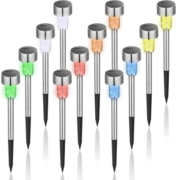 Solar Lights Outdoor Waterproof, 12 Pack, Stainless Steel LED Solar Garden Lights for Patio, Lawn, Yard and Landscape, Cold White