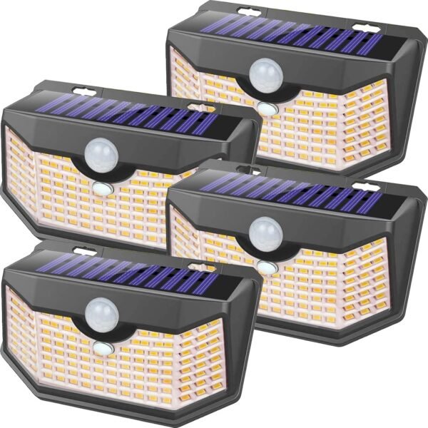 120 LED Outdoor Solar Lights with Motion Sensor and 3 Lighting Modes, IP65 Waterproof Wide Solar Wall Lights Ideal for Garden Patio Yard (Front Button 6Packs, Daylight White)