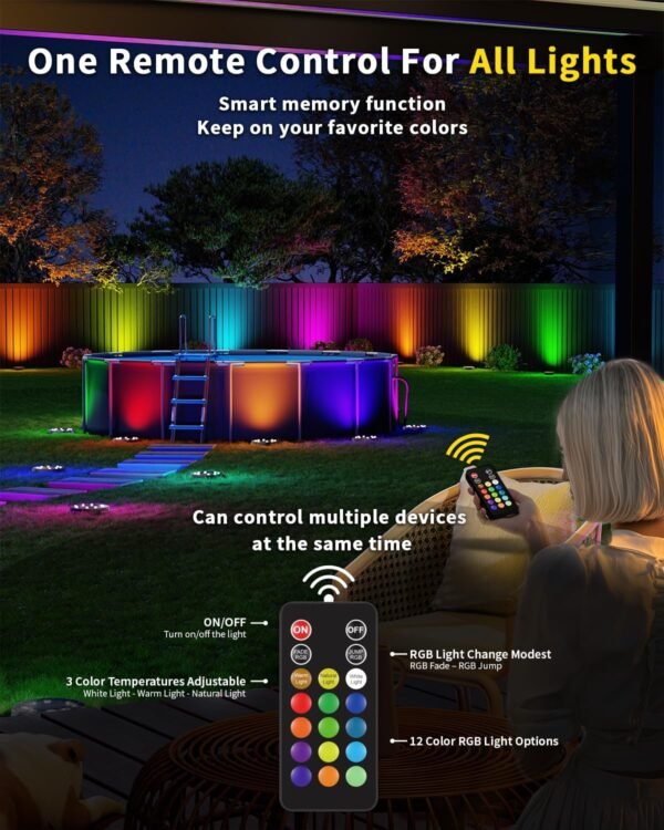 Solar Ground Lights with Remote Control 50ft,IP67 Waterproof Solar Garden 15 Multi Color Lights,RGBYW Solar Powered Outdoor Landscape Lighting for Pathway,Yard,Deck,Lawn,Patio,Walkway,Poolside,10 Pack