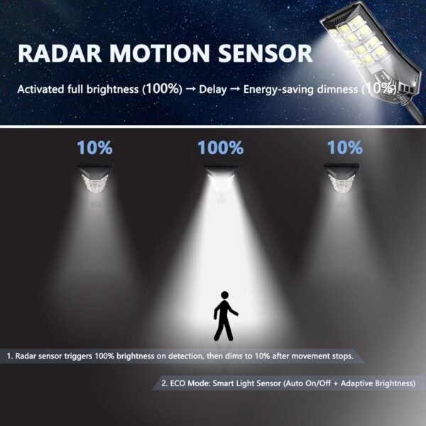 3 CCT in One Solar Street Light, 240000 LM LED, Radar/Motion Sensor, Waterproof - for Driveway, Garden, Backyard
