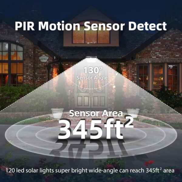 120 LED Outdoor Solar Lights with Motion Sensor and 3 Lighting Modes, IP65 Waterproof Wide Solar Wall Lights Ideal for Garden Patio Yard (Front Button 6Packs, Daylight White)