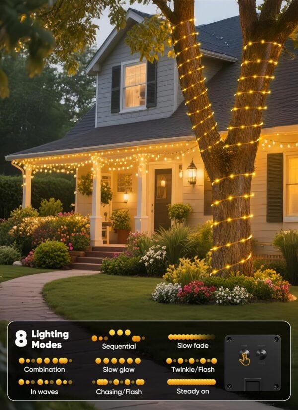 Solar Rope Lights, 39FT 100LED Outdoor Solar String Lights, IP65 Waterproof Solar Powered Fairy Lights with 8 Lighting Modes for Party Garden Yard Home Holiday Tree Decoration, Warm White