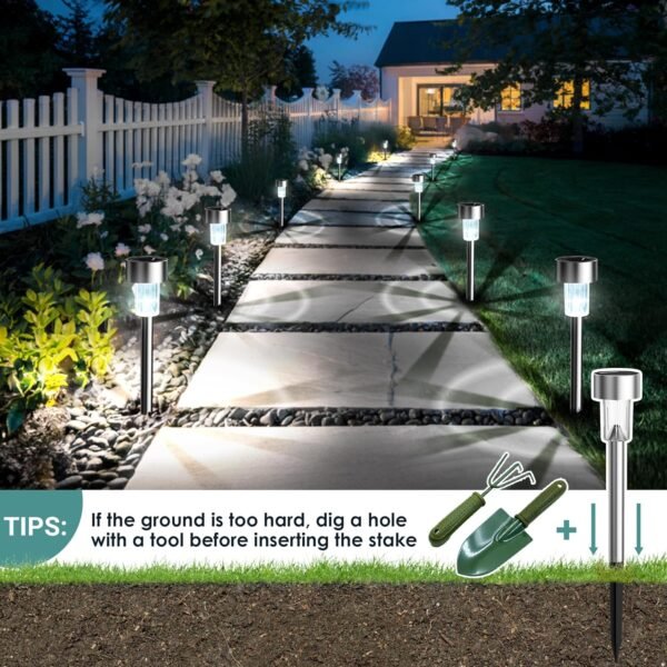 Solar Lights Outdoor Waterproof, 12 Pack, Stainless Steel LED Solar Garden Lights for Patio, Lawn, Yard and Landscape, Cold White