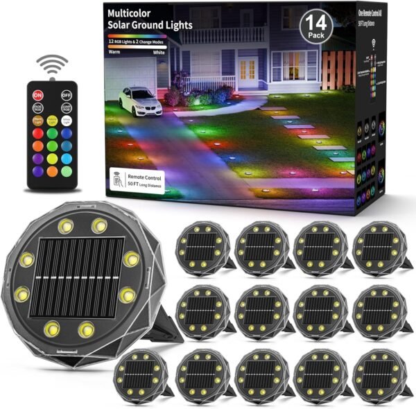 Solar Ground Lights with Remote Control 50ft,IP67 Waterproof Solar Garden 15 Multi Color Lights,RGBYW Solar Powered Outdoor Landscape Lighting for Pathway,Yard,Deck,Lawn,Patio,Walkway,Poolside,10 Pack