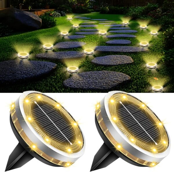 Solar Ground Lights Outdoor 12 Pack Waterproof Upgraded Flat Solar Garden Lights with 4 Side Light Stainless Steel Solar Powered Disc Light for Walkway Pathway Landscape Lawn Yard - Cool White