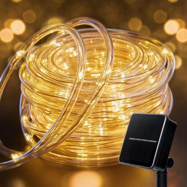 Solar Rope Lights, 39FT 100LED Outdoor Solar String Lights, IP65 Waterproof Solar Powered Fairy Lights with 8 Lighting Modes for Party Garden Yard Home Holiday Tree Decoration, Warm White