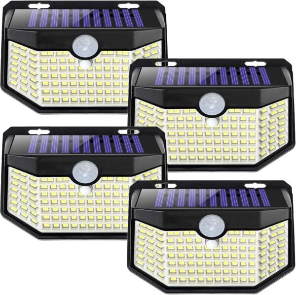120 LED Outdoor Solar Lights with Motion Sensor and 3 Lighting Modes, IP65 Waterproof Wide Solar Wall Lights Ideal for Garden Patio Yard (Front Button 6Packs, Daylight White)