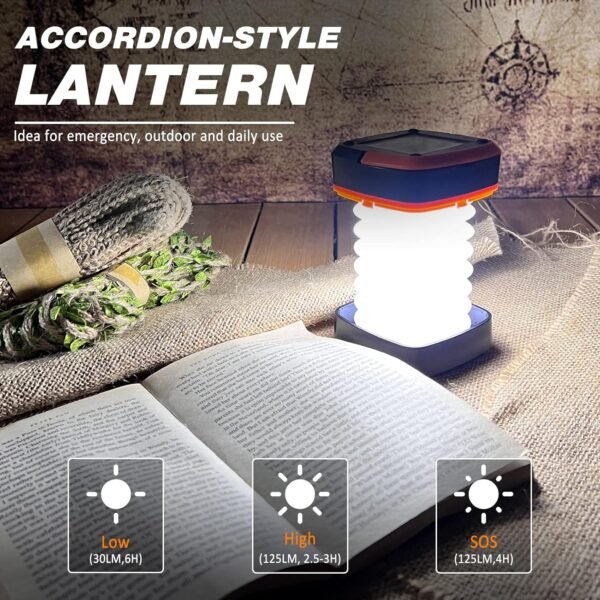 2-Pack Folding Solar Camping Lantern Flashlights, Mini Collapsible USB Rechargeable Waterproof Hanging Light Power Bank for Camping Hurricanes Emergency Power Outages Indoor Outdoor