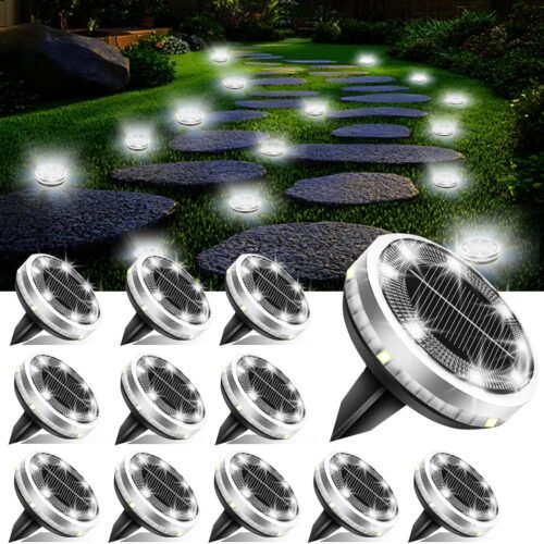 Solar Ground Lights Outdoor 12 Pack Waterproof Upgraded Flat Solar Garden Lights with 4 Side Light Stainless Steel Solar Powered Disc Light for Walkway Pathway Landscape Lawn Yard - Cool White