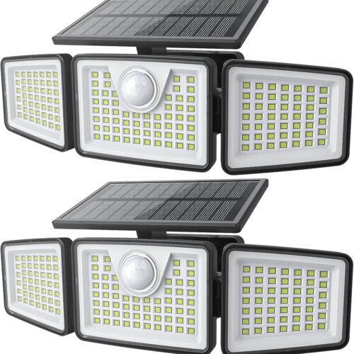 2500LM Solar Lights Outdoor with Motion Sensor,3 Head 270° Wide Angle Street Area Lights, IP65 Waterproof Security Lighting with 3 Modes(Non-Remote,2 Pcs)