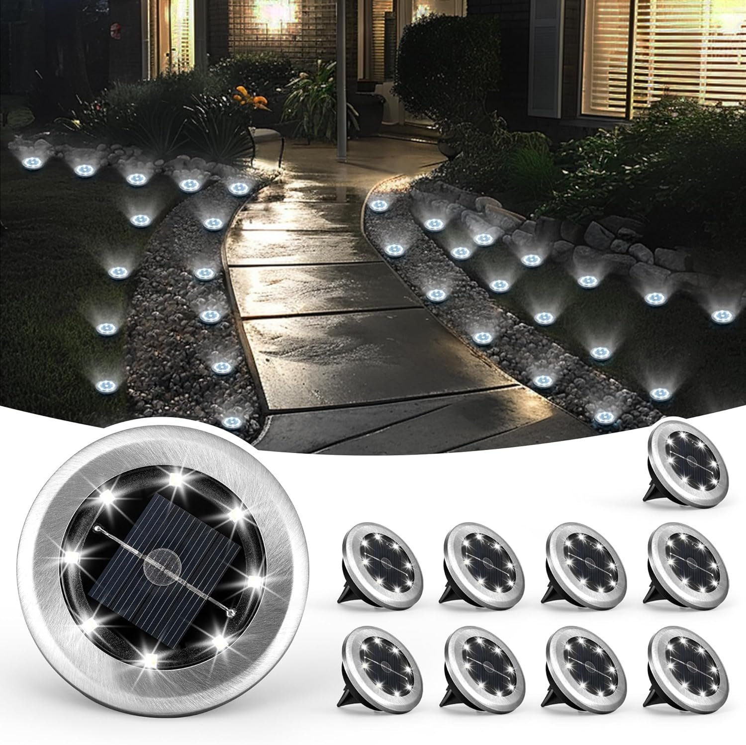 Mini Solar Ground Lights, 10 Pack Solar Lights Outdoor Waterproof, Pathway Lights Solar Powered, Solar Garden Light, Landscape Lighting for Yard Driveway Walkway (Cool White)