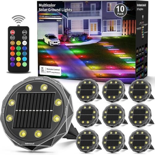Solar Ground Lights with Remote Control 50ft,IP67 Waterproof Solar Garden 15 Multi Color Lights,RGBYW Solar Powered Outdoor Landscape Lighting for Pathway,Yard,Deck,Lawn,Patio,Walkway,Poolside,10 Pack