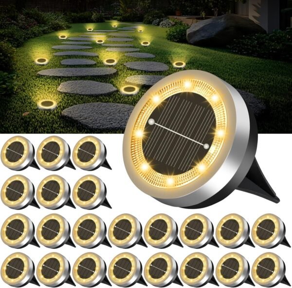Mini Solar Ground Lights 16 Pack Outdoor IP65 Waterproof Solar Flat Garden Light Solor Powered Disc Pathway Lights for Outside Walkway Yard Landscape Patio Lawn Driveway-Cool White