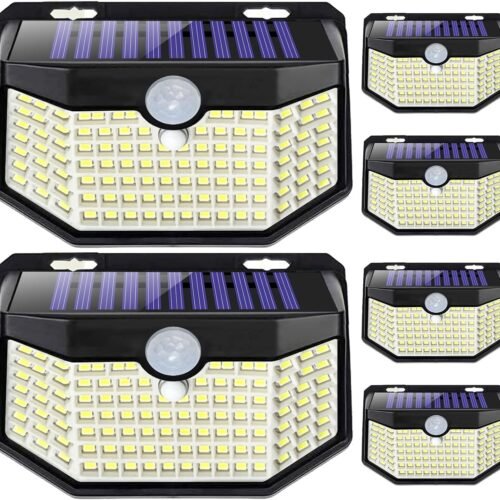120 LED Outdoor Solar Lights with Motion Sensor and 3 Lighting Modes, IP65 Waterproof Wide Solar Wall Lights Ideal for Garden Patio Yard (Front Button 6Packs, Daylight White)