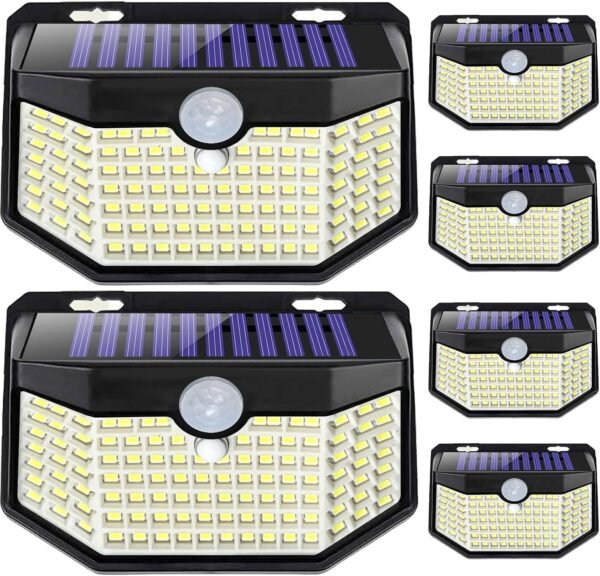 120 LED Outdoor Solar Lights with Motion Sensor and 3 Lighting Modes, IP65 Waterproof Wide Solar Wall Lights Ideal for Garden Patio Yard (Front Button 6Packs, Daylight White)