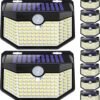 120 LED Outdoor Solar Lights with Motion Sensor and 3 Lighting Modes, IP65 Waterproof Wide Solar Wall Lights Ideal for Garden Patio Yard (Front Button 6Packs, Daylight White)