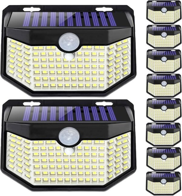 120 LED Outdoor Solar Lights with Motion Sensor and 3 Lighting Modes, IP65 Waterproof Wide Solar Wall Lights Ideal for Garden Patio Yard (Front Button 6Packs, Daylight White)
