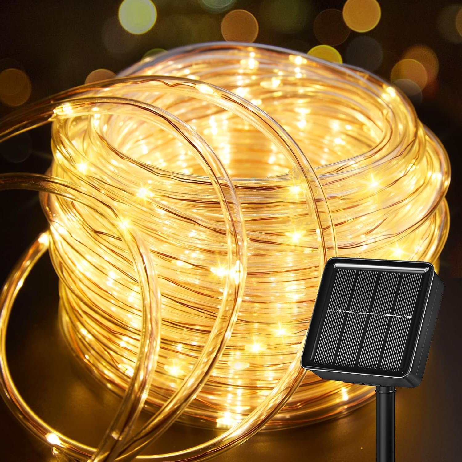 Solar Rope Lights, 39FT 100LED Outdoor Solar String Lights, IP65 Waterproof Solar Powered Fairy Lights with 8 Lighting Modes for Party Garden Yard Home Holiday Tree Decoration, Warm White
