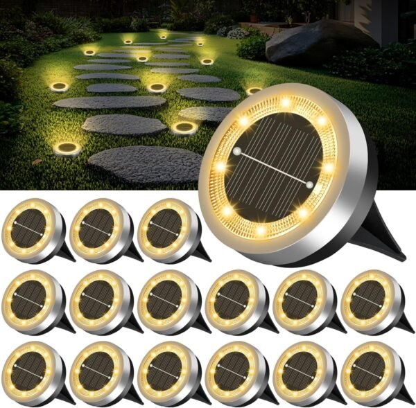 Mini Solar Ground Lights 16 Pack Outdoor IP65 Waterproof Solar Flat Garden Light Solor Powered Disc Pathway Lights for Outside Walkway Yard Landscape Patio Lawn Driveway-Cool White
