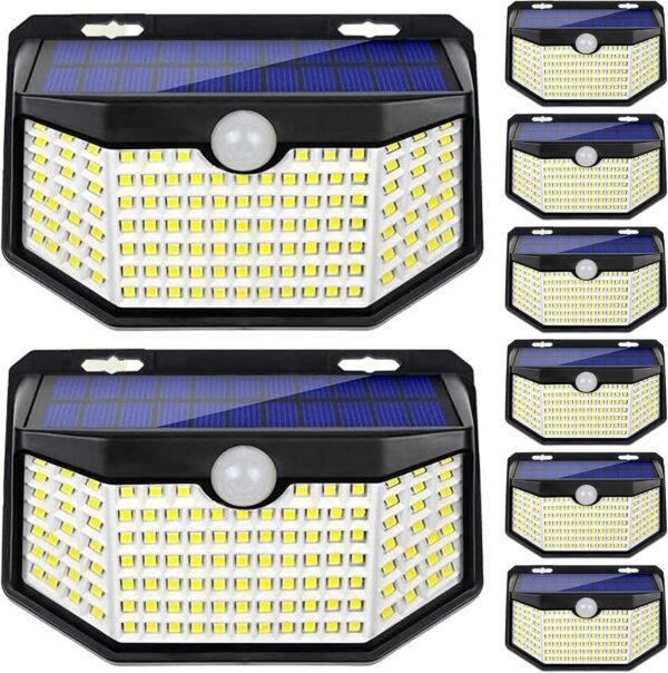 120 LED Outdoor Solar Lights with Motion Sensor and 3 Lighting Modes, IP65 Waterproof Wide Solar Wall Lights Ideal for Garden Patio Yard (Front Button 6Packs, Daylight White)