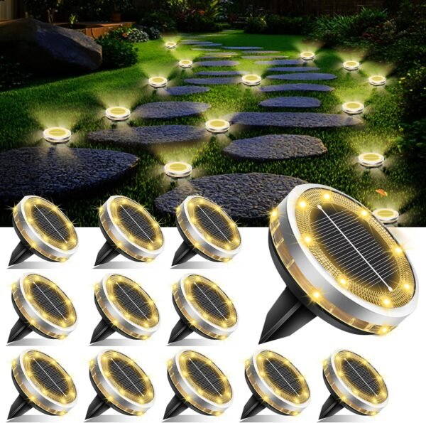 Solar Ground Lights Outdoor 12 Pack Waterproof Upgraded Flat Solar Garden Lights with 4 Side Light Stainless Steel Solar Powered Disc Light for Walkway Pathway Landscape Lawn Yard - Cool White