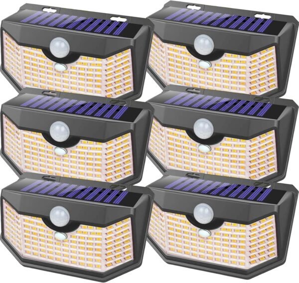 120 LED Outdoor Solar Lights with Motion Sensor and 3 Lighting Modes, IP65 Waterproof Wide Solar Wall Lights Ideal for Garden Patio Yard (Front Button 6Packs, Daylight White)