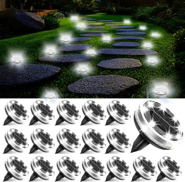 Solar Ground Lights Outdoor 12 Pack Waterproof Upgraded Flat Solar Garden Lights with 4 Side Light Stainless Steel Solar Powered Disc Light for Walkway Pathway Landscape Lawn Yard - Cool White