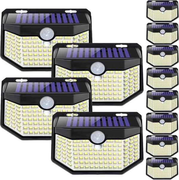 120 LED Outdoor Solar Lights with Motion Sensor and 3 Lighting Modes, IP65 Waterproof Wide Solar Wall Lights Ideal for Garden Patio Yard (Front Button 6Packs, Daylight White)