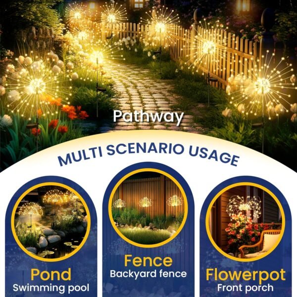 Garden Decor Outdoor Lights 120LED 2Pack, Solar Garden Lights for Christmas Outside Fairy Firework Decorative,Solar Powered for Yard Pathway Flowerbed Planter Balcony Patio Decor (Warm White