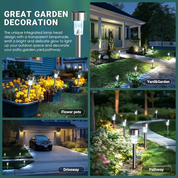 Solar Lights Outdoor Waterproof, 12 Pack, Stainless Steel LED Solar Garden Lights for Patio, Lawn, Yard and Landscape, Cold White